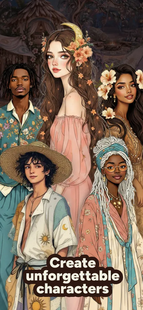A group of illustrated characters in flowing, colorful clothes