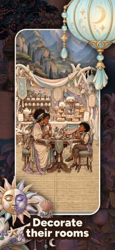 Two characters sharing tea in a decorated bakery room
