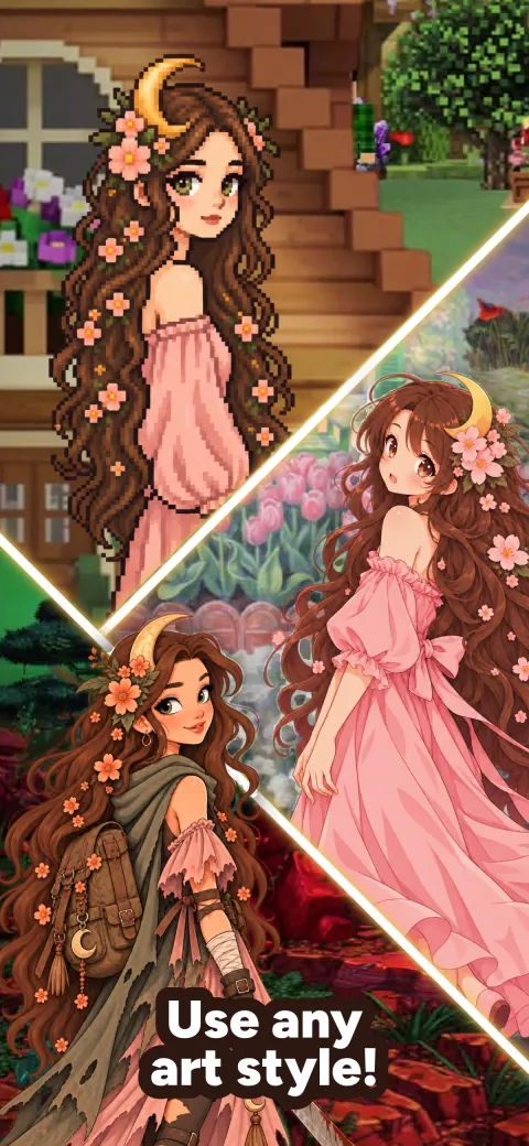 The same character drawn in pixel, anime and painterly styles