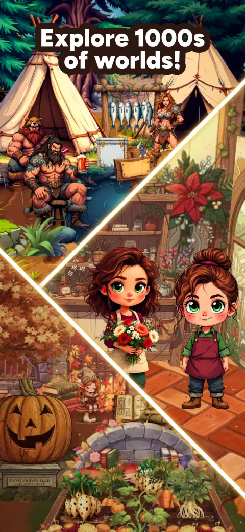 Worlds made by other players: a camp, a flower shop and a pumpkin patch
